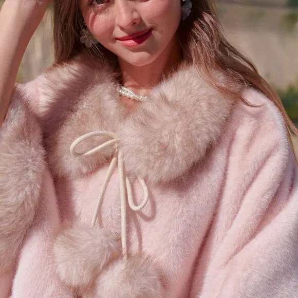 Pink Faux Fur Trim Cape Poncho Wrap - Picture 3 of 5